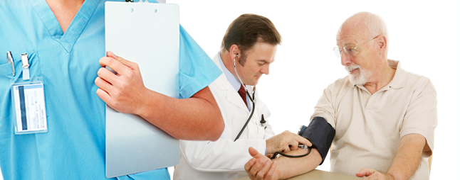 male doctor checking blood pressure of senior male